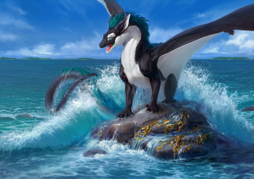 2019 alsares claws day detailed_background digital_media_(artwork) dragon feral fur furred_dragon green_hair hair membrane_(anatomy) membranous_wings open_mouth outside rock seaweed smile solo standing teeth water wings // 1200x848 // 1.7MB