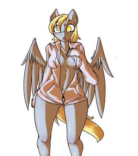 2013 anthro anthrofied avante92 biped blush bottomless breasts clothed clothing derpy_hooves_(mlp) equid equine feathered_wings feathers female grey_body grey_feathers hi_res hoodie horse looking_at_viewer mammal navel pegasus solo standing topwear wings yellow_eyes // 1280x1447 // 691.9KB
