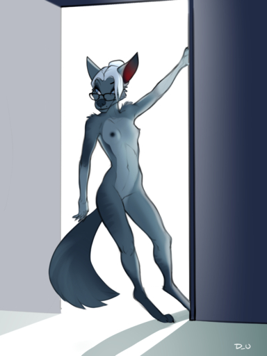 3:4 absurd_res anthro breasts canid canine discreet_user everly_(discreet_user) eyewear female fox fur glasses grey_body grey_fur hair hair_over_eye hi_res mammal markings mole_(marking) one_eye_obstructed presenting small_breasts solo // 2625x3500 // 2.6MB