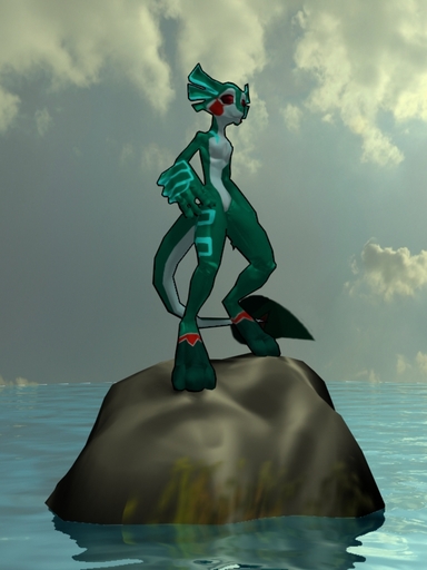 3:4 3d_(artwork) ambiguous_gender anthro bigbaddab00m biped blue_markings boulder claws cloud conditional_dnp countershade_tail countershading digital_media_(artwork) featureless_crotch green_body green_skin leaf_tail markings on_rock red_eyes red_markings rock scalie sefeiren solo standing water white_body white_countershading // 600x800 // 222.1KB