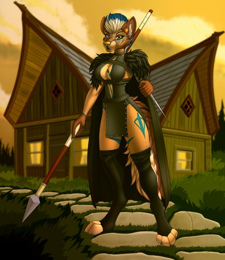 2018 5_fingers anthro blue_hair breasts canid canine cleavage cleavage_cutout clothed clothing day detailed_background digital_media_(artwork) female fingers hair hi_res holding_object holding_weapon mammal outside sky solo standing tales_foxdale weapon white_hair // 1106x1280 // 216.4KB