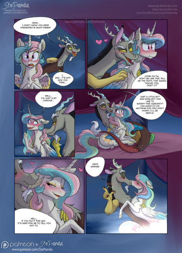 2018 antlers blush butt chimera comic dialogue digital_media_(artwork) discord_(mlp) draconequus duo english_text equid equine feathered_wings feathers female feral friendship_is_magic hair hasbro hi_res hooves horn horse kissing long_hair male malefemale mammal multicolored_hair multicolored_tail my_little_pony patreon princess_celestia_(mlp) stepandy text url winged_unicorn wings yellow_sclera // 1200x1675 // 1.6MB