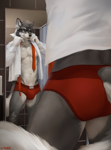 2018 abs anthro bathroom boxer_briefs briefs bulge butt canid canine canis chunie claws clothed clothing detailed_background digital_media_(artwork) dress_shirt eyewear fur glasses grey_body grey_fur grey_hair hair hi_res looking_at_mirror looking_at_object male mammal mirror navel necktie open_clothing open_shirt open_topwear red_clothing red_underwear shirt smile solo standing topwear underwear white_body white_fur wolf // 948x1280 // 343.6KB