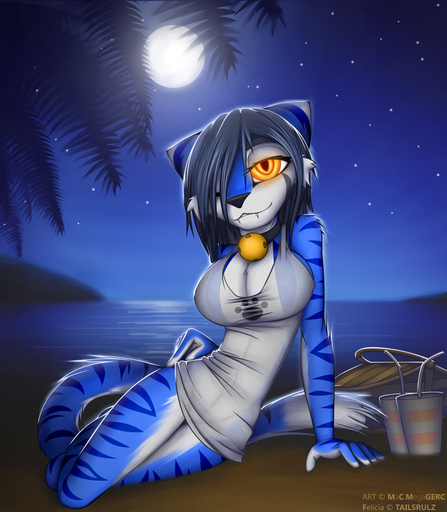 amber_eyes anthro bell bottomless breasts clothed clothing collar felicia_(tailsrulz) felid female looking_at_viewer macmegagerc mammal moon navel night one_eye_closed outside pantherine skimpy sky solo star starry_sky tiger translucent water // 894x1025 // 819.2KB