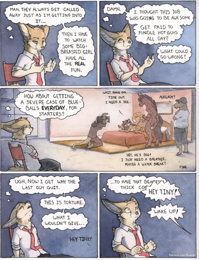 2018 animal_genitalia animal_penis anthro canid canine clothed clothing comic dialogue english_text equid equine felid female fennec fox fur genitals group hair hi_res horse male mammal nude pantherine penis ruaidri text tiger url vulpes // 983x1280 // 376KB