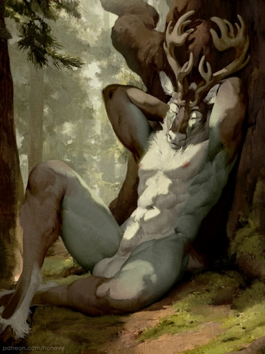 abs against_natural_surface against_surface against_tree animal_genitalia anthro antlers balls brown_body brown_fur capreoline casual_nudity cervid cloven_hooves day digital_media_(artwork) eyebrows eyes_closed forest fully_sheathed fur genitals grass hands_behind_head hi_res honovy hooves horn inner_ear_fluff male mammal muscular muscular_anthro muscular_male navel neck_tuft nipples nude outside pecs pink_nipples plant reclining reindeer relaxing sheath sitting solo text tree tuft url white_body white_fur // 1237x1650 // 329.1KB