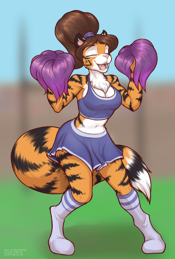 2019 alex_marx anthro breasts cheerleader clothed clothing colored_sketch digital_media_(artwork) fangs felid female hair hi_res mammal pantherine reaper3d simple_background sketch smile solo stripes tiger // 1550x2300 // 1.7MB