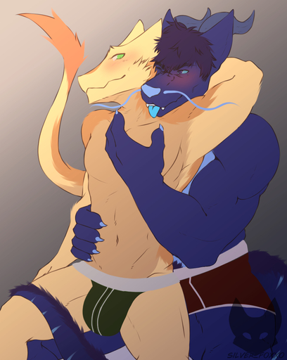 anthro bedroom_eyes belly big_dom_small_sub black_hair blue_belly blue_body blue_eyes blue_nails blue_tongue blush boxers_(clothing) brown_body brown_fur bulge christopher_wyvern clothed clothing colored_nails domination dragon drake_luzo duo eye_contact fluffy_cheeks fur green_clothing hair hand_behind_head hand_on_chest hand_on_stomach hi_res horn jockstrap looking_at_another looking_at_partner male malemale musclegut nails narrowed_eyes navel on_lap orange_body orange_fur pecs pubes raised_tail red_clothing scalie seductive sergal silver_foxxo sitting_on_lap size_difference slightly_chubby smile striped_tail stripes submissive tail_tuft teeth teeth_showing tongue tongue_out topless tuft underwear yellow_body yellow_fur // 1020x1280 // 492.7KB