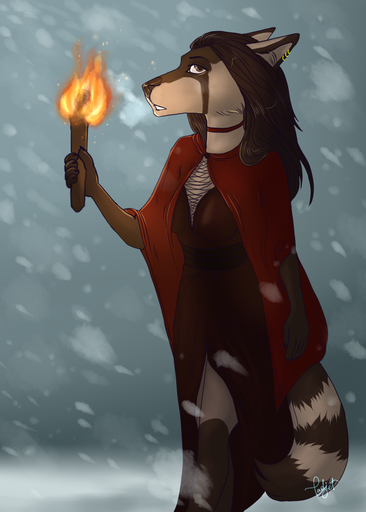 5_fingers anthro brown_body brown_fur brown_nose canid canine clothed clothing digital_media_(artwork) ear_piercing female fingers fur hi_res holding_torch mammal padjetxharrington piercing solo torch // 1000x1400 // 903.4KB