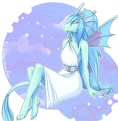 2019 4_toes 5_fingers anthro barefoot biped blue_hair breasts clothed clothing digital_media_(artwork) dragon feet female fingers hair letterbox non-mammal_breasts silvermoonfox solo toes // 555x570 // 321.6KB