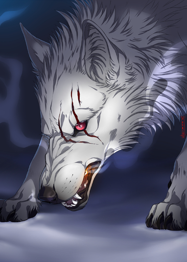 2015 absurd_res ambiguous_gender black_lips black_nose canid canine canis feral fur hauringu hi_res kiba_(wolf's_rain) lips mammal open_mouth paws pink_eyes scar solo teeth tongue white_body white_fur wolf wolf's_rain // 2000x2800 // 3.3MB