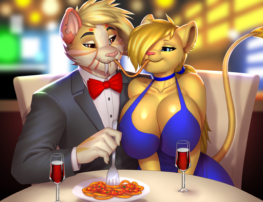 2020 alcohol anthro beverage big_breasts black_tie_(suit) blonde_hair blue_clothing blue_dress blue_eyes bow_tie breasts cleavage clothed clothing curvy_figure date detailed_background digital_media_(artwork) dress duo eyelashes felid feline female food fur furniture hair hi_res huge_breasts kristy_winters_(lildredre) lion long_hair male malefemale mammal pak009 pantherine pasta public restaurant romantic romantic_ambiance romantic_couple romantic_dinner sabertooth_(disambiguation) sitting smile spaghetti suit table voluptuous wine // 2600x2000 // 2.1MB