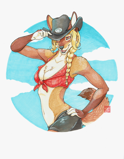 2015 anthro blonde_hair bottomwear breasts brown_eyes canid canine canis cleavage clothed clothing cowboy_hat coyote female hair hat headgear headwear mammal midriff pinup pose shorts skimpy smile solo traditional_media_(artwork) western wyla // 701x900 // 610.0KB