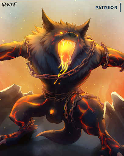 2018 angry animal_genitalia animal_penis anthro balls black_body black_fur black_nose bodily_fluids canid canid_demon canine canine_penis canis chain claws demon digital_media_(artwork) english_text fenrir_(smite) front_view fur genitals glowing glowing_genitalia glowing_penis hellhound hi_res lava male mammal markings nawka nude open_mouth orange_eyes orange_penis orange_tongue penis penis_tip saliva sheath signature solo standing teeth text toe_claws tongue wolf // 1313x1650 // 2.1MB