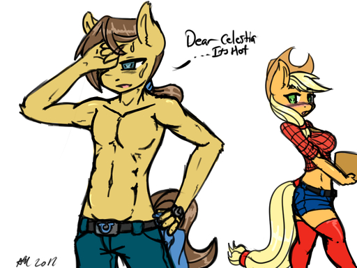 4:3 abs absolute_territory anthro anthrofied applejack_(mlp) avante92 biceps blonde_hair bodily_fluids breasts brown_hair caramel_(mlp) clothed clothing cowboy_hat dialogue duo earth_pony english_text equid equine female fur hair hat headgear headwear horse male mammal muscular navel pecs pony sweat text topless // 1024x768 // 376.6KB