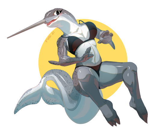 anthro bikini biped cetacean clothing delphinoid female fin fings fivel grey_body grey_skin hi_res horn mammal marine monodontid narwhal nose_horn simple_background solo swimwear tail_fin toothed_whale // 1403x1200 // 911.1KB