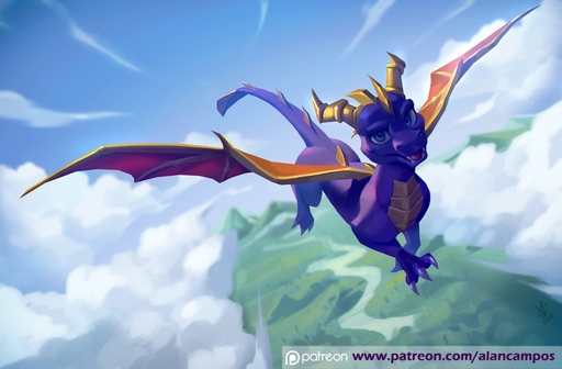 2018 alanscampos bat_wings blue_eyes claws cloud dragon feral flying horn male membrane_(anatomy) membranous_wings outside purple_body purple_scales scales scalie solo spyro text url video_games western_dragon wings // 1280x840 // 135.9KB