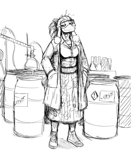 2021 5:6 anthro barrel bottomwear canid canine canis chemical chemical_symbol chemistry clothing coat domestic_dog eyewear female footwear goggles hair hands_in_pockets hi_res hladilnik lab_coat laboratory long_skirt mammal messy_hair monochrome pockets poodle scientist shoes sketch skirt sneakers solo topwear // 1280x1536 // 349.5KB