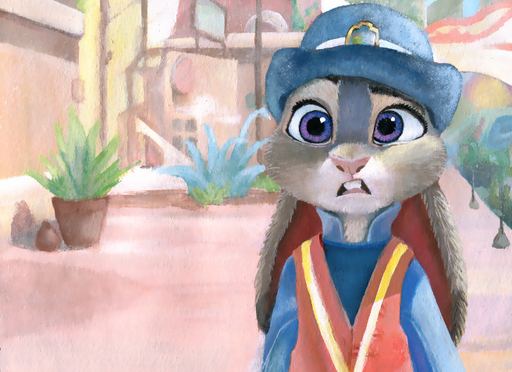 2016 anthro buckteeth building city clothed clothing detailed digital_media_(artwork) digital_painting_(artwork) disney ears_down female front_view fur grey_body grey_fur hat headgear headwear judy_hopps lagomorph leporid mammal open_mouth outside pink_nose pivoted_ears plant police_uniform potted_plant purple_eyes rabbit ruaidri screencap_redraw shaded solo teeth uniform zootopia // 656x477 // 521.0KB