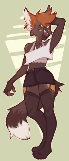 2019 anthro bra canid canine clothed clothing female fur garter_straps hair junebuq legwear mammal simple_background solo standing thigh_highs underwear // 346x800 // 161KB