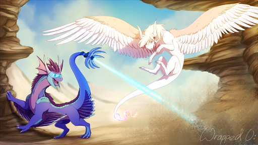 2019 blue_eyes day digital_media_(artwork) dragon duo feathered_dragon feathered_wings feathers feral flying hi_res horn open_mouth outside smile standing teeth tongue wings wrappedvi // 2088x1173 // 2.7MB