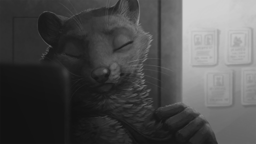 16:9 2020 ambiguous_gender anthro clothed clothing eyes_closed fur greyscale ipoke light lighting mammal monochrome mustelid shirt sleeping solo tank_top topwear whiskers widescreen // 1200x675 // 187.7KB