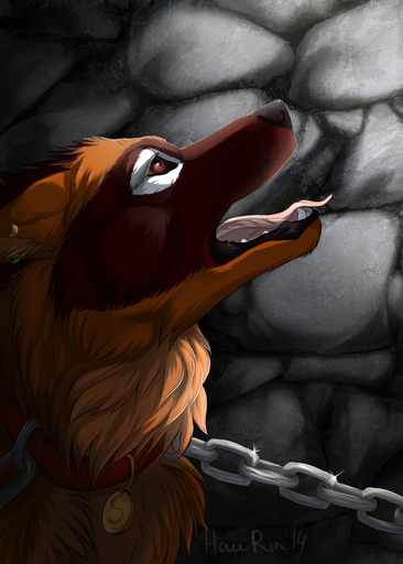 black_lips black_nose brown_body brown_eyes brown_fur canid canine canis chain collar detailed_background domestic_dog ear_piercing feral fur hauringu hi_res lips mammal open_mouth piercing red_body red_fur solo teeth tongue // 1200x1680 // 1.8MB