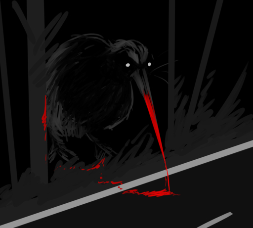 ambiguous_gender avian beak bird black_and_white_and_red blood bodily_fluids hladilnik killwi kiwi_(bird) nightmare_fuel ratite road solo white_eyes // 1280x1152 // 288.8KB