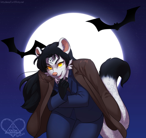 2019 anthro black_hair black_spots chiropteran clothed clothing detailed_background digital_media_(artwork) felid fur grey_body grey_fur hair hi_res kittydee male mammal moon night outside pantherine snow_leopard spots spotted_body spotted_fur yellow_eyes // 1280x1207 // 763KB