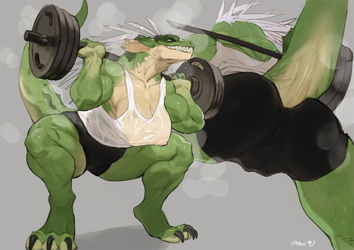 2022 anthro bebebebebe biped bodily_fluids bottomwear breasts butt camel_toe claws clenched_teeth clothed clothing exercise female finger_claws green_body green_scales hair hi_res low-angle_view muscular muscular_anthro muscular_female musk reptile scales scalie sharp_teeth shirt shorts simple_background solo sweat tan_body tan_scales tank_top teeth thick_neck toe_claws topwear weightlifting white_hair workout // 2210x1563 // 639.7KB
