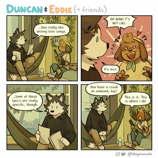 1:1 2022 <3 anthro beanie blush canid canine canis clothing comic cute_fangs dialogue doginacafe domestic_dog duo english_text exclamation_point flower four_frame_image furgonomics furniture guitar hammock hat headgear headwear hi_res kip_(doginacafe) male mammal mason_(doginacafe) multiple_scenes musical_instrument nonbinary_(lore) plant plucked_string_instrument string_instrument text thought_bubble url // 2200x2200 // 574.7KB