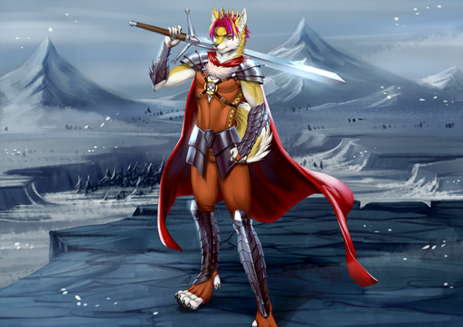 alanscampos anthro armor canid canine cape clothing crown fur looking_at_viewer male mammal melee_weapon outside recca snow solo sword weapon yellow_body yellow_eyes yellow_fur // 1100x777 // 478.4KB