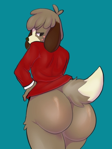 2019 animal_crossing anthro big_butt black_eyes black_nose bottomless brown_body brown_ears brown_fur brown_hair brown_tail butt canid canine canis clothed clothing digby_(animal_crossing) domestic_dog freckles fur hair hand_on_hip hi_res jacket looking_back male mammal nintendo red_clothing red_jacket red_topwear shih_tzu shoulder_blades simple_background solo teal_background topwear toy_dog two_tone_tail video_games white_body white_fur white_tail wizzikt // 1432x1904 // 176.9KB