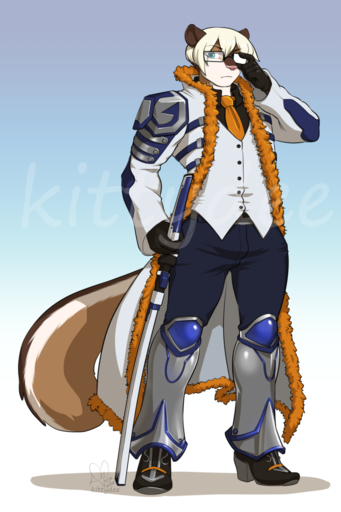 anthro armor biped chipmunk clothed clothing eyewear fur glasses ground_squirrel hair hi_res kittydee looking_at_viewer male mammal melee_weapon necktie rodent sciurid simple_background solo standing sword weapon // 853x1280 // 571.8KB