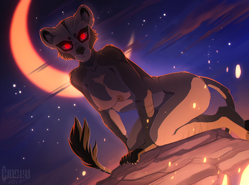 2017 anthro black_nose breasts casual_nudity crescent_moon detailed_background felid female hioshiru lion looking_at_viewer mammal moon night night_sky nipples nude outside pantherine red_eyes solo // 1280x954 // 1.1MB