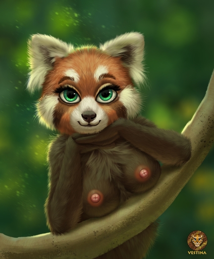 ailurid anthro areola breasts brown_body brown_breasts brown_fur female fur green_eyes hi_res inner_ear_fluff jungle looking_at_viewer mammal nipples nude red_panda simple_background smile smiling_at_viewer solo tuft vestina // 1622x1957 // 1.1MB