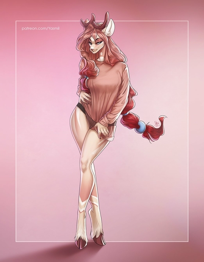 2020 5_fingers anthro antlers breasts brown_hair cervid clothed clothing digital_media_(artwork) eyebrows eyelashes female fingers hair hi_res hooves horn mammal pink_background simple_background smile solo standing yasmil // 1044x1343 // 128.7KB