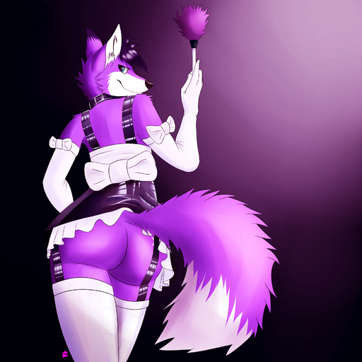 1:1 2017 ambiguous_gender anthro bottomless bottomwear bow_armwear bow_in_back butt canid canine clothed clothing crossdressing eyelashes fox girly glistening gloves gradient_background hair handwear hi_res legwear looking_at_viewer looking_back maid_uniform male mammal no_underwear presenting purple_background purple_theme rubber schizy simple_background skirt solo uniform upskirt waist_bow // 2000x2000 // 2.2MB