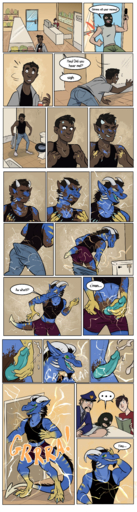 2019 absurd_res anthro black_hair blue_body blue_scales bodily_fluids book bubbeh bulge butt clothing comic cum cumshot dark_body dark_skin detailed_background dialogue dragon ejaculation embarrassed erection genital_fluids genitals green_eyes group gun hair happy hi_res horn human human_to_anthro male mammal masturbation open_mouth orgasm penile penile_masturbation penis police police_uniform ranged_weapon robbery scales shirt short_hair smile spade_tail species_transformation store surprise thief toilet topwear transformation uniform weapon zekas // 1400x5234 // 8.1MB