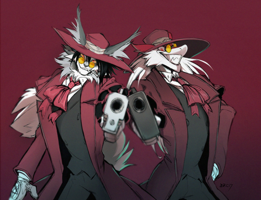 2017 alucard_(hellsing) chest_tuft clothed clothing denu ear_tuft eyewear felid fully_clothed fur glasses gloves gradient_background grey_body grey_fur grin gun handwear hat headgear headwear hellsing holding_gun holding_object holding_weapon looking_at_viewer male mammal ranged_weapon red_eyes sergal silverdeni simple_background smile tuft weapon white_body white_fur // 1100x843 // 2.1MB