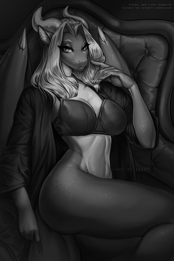 2:3 anthro aurelia_(unbeholden) bedroom_eyes big_breasts black_and_white bottomless bra breasts clothed clothing curvy_figure dragon ear_piercing female hi_res hourglass_figure lingerie looking_at_viewer monochrome narrowed_eyes partially_clothed piercing raised_leg seductive sitting slim smooth_horn solo underwear yasmil // 800x1200 // 629.4KB