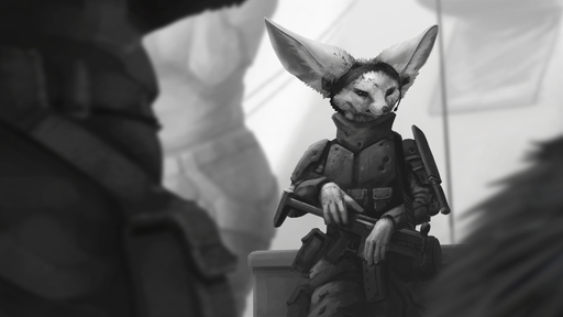16:9 2019 anthro armor body_armor canid canine clothed clothing fennec fox fully_clothed fur greyscale group gun holding_gun holding_object holding_weapon inner_ear_fluff ipoke mammal monochrome ranged_weapon solo_focus tuft vulpes weapon widescreen // 1280x720 // 530.5KB