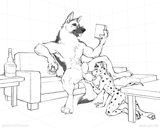 2018 age_difference alcohol animal_genitalia anthro anthro_on_anthro backsack ball_fondling ball_lick ball_worship balls beverage book butt canid canine canis dalmatian domestic_dog duo eyes_closed eyewear fondling fur furniture genitals german_shepherd glasses herding_dog hi_res inside larger_male licking male malemale mammal monochrome muscular muscular_male nude oral pastoral_dog paws penis penis_tip reading sex sheath sitting size_difference sketch smaller_male sofa tongue tongue_out zaush // 1800x1446 // 454.3KB