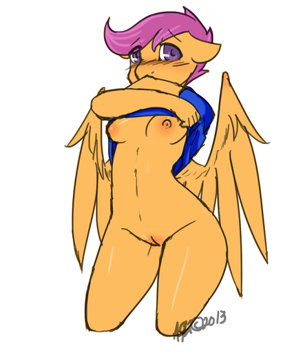 2013 5:6 anthro anthrofied avante92 biped blush breasts clothing equid equine feathered_wings feathers female genitals hair hi_res horse kneeling looking_at_viewer mammal navel nipples orange_body orange_feathers pegasus purple_eyes purple_hair pussy scootaloo_(mlp) shirt simple_background solo topwear undressing white_background wings // 1280x1536 // 476.5KB