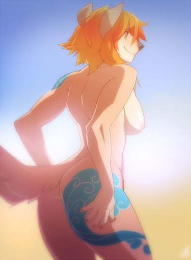 anthro bare_back biped breasts butt canid canine canis domestic_dog female hi_res looking_at_viewer looking_back mammal nipples nude patto pheo_(aubrie) side_boob smile solo standing tattoo // 938x1280 // 942.9KB