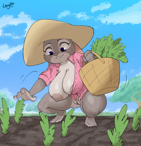 2022 3_toes 4_fingers absurd_res anthro areola areola_slip basket big_breasts bottomless breasts buckteeth carrot cleavage clothed clothing cloud container crouching dirt feet female fingers food genitals harvesting hi_res holding_object huge_breasts joaoppereiraus judy_hopps lagomorph leporid mammal nipples outside plant purple_eyes pussy rabbit sky solo sun_hat teeth thick_thighs toes tree vegetable // 2375x2455 // 579.3KB