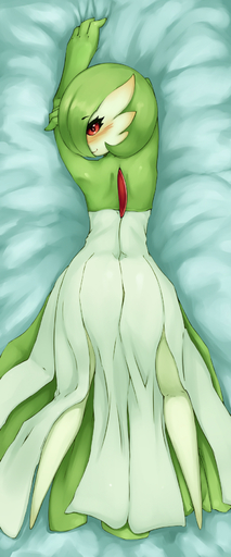 3_fingers bed blush butt dakimakura_design digital_media_(artwork) female fingers furniture gardevoir green_hair hair hi_res humanoid looking_at_viewer looking_back lying mammal not_furry on_bed on_front pokemon_(species) red_eyes seraziel shaded short_hair smile solo video_games // 748x1800 // 981.6KB