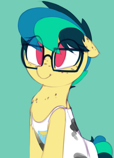 2018 apogee clothed clothed_feral clothing equid eyelashes eyewear fan_character female feral floppy_ears freckles glasses hair hi_res looking_at_viewer mammal pink_eyes portrait shinodage shirt short_hair short_tail simple_background sitting smile solo tank_top teal_background teal_hair topwear young // 911x1260 // 280.6KB
