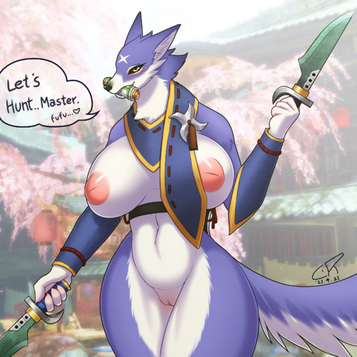 1:1 2021 <3 absurd_res anthro armwear big_breasts black_sclera breasts canid canine canyne capcom clothing coolryong detached_sleeves dialogue digital_media_(artwork) english_text exposed_breasts eyelashes female fluffy fluffy_ears fluffy_tail fur genitals hi_res knife looking_at_viewer mammal monster_hunter monster_hunter_rise multicolored_body multicolored_fur neck_tuft nipples object_in_mouth palamute pussy scarf screencap screencap_background scroll sharp_teeth signature snout solo speech_bubble teeth text thick_thighs tuft video_games weapon yellow_eyes // 3200x3200 // 7.1MB