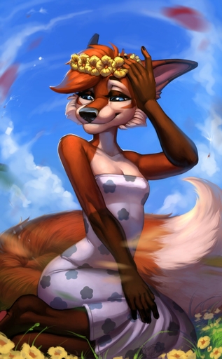 anthro blue_eyes breasts canid canine canis clothed clothing digital_media_(artwork) dress female flower flower_crown fox fur hi_res japanese_wolf mammal plant red_fox rue_(no_9) shaded small_breasts smile solo sundress ulitochka vulpes wolf // 1196x1931 // 216.4KB
